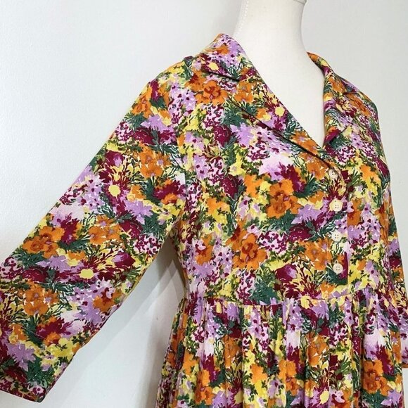 FRANK AND OAK THE BABYDOLL COLORFUL FLORAL HALF SLEEVE DRESS IN MULBERRY - XS - Picture 5 of 11